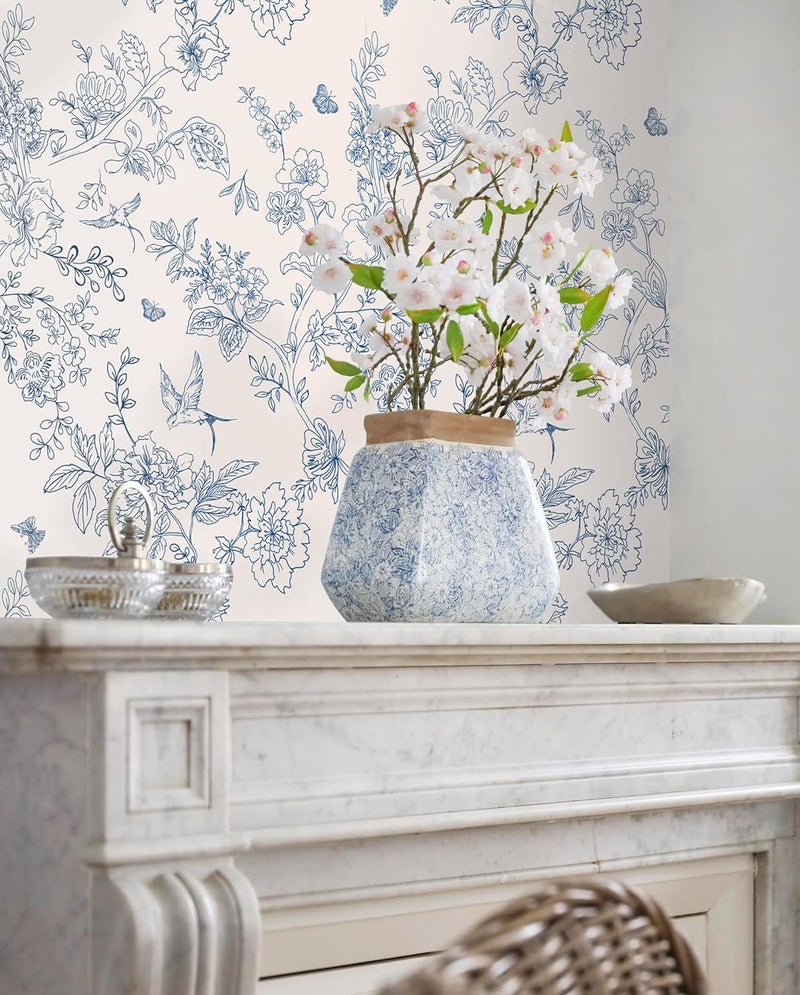 Froluya Cream White and Blue Floral Wallpaper Peel and Stick Wallpaper 17.7"x118.1" Vintage Floral Peel and Stick Wall Paper Removable Boho Self Adhesive Contact Paper for Bedroom Bathroom Vinyl - Image 4
